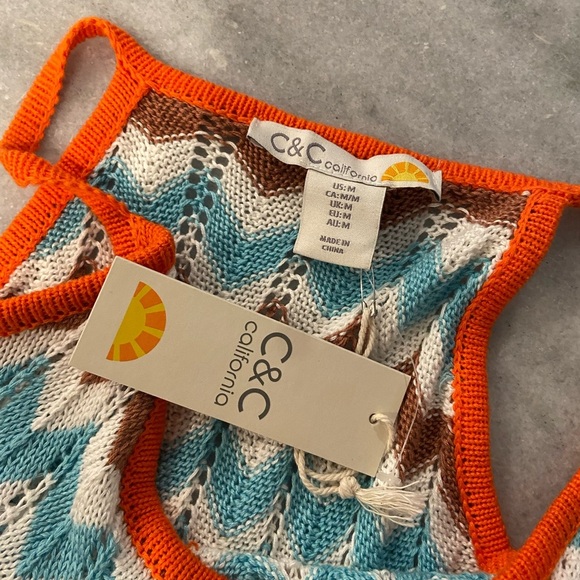NWT C&C California Size M Blue Orange Crochet Cotton Thin Strap Mini Dress - Picture 7 of 10